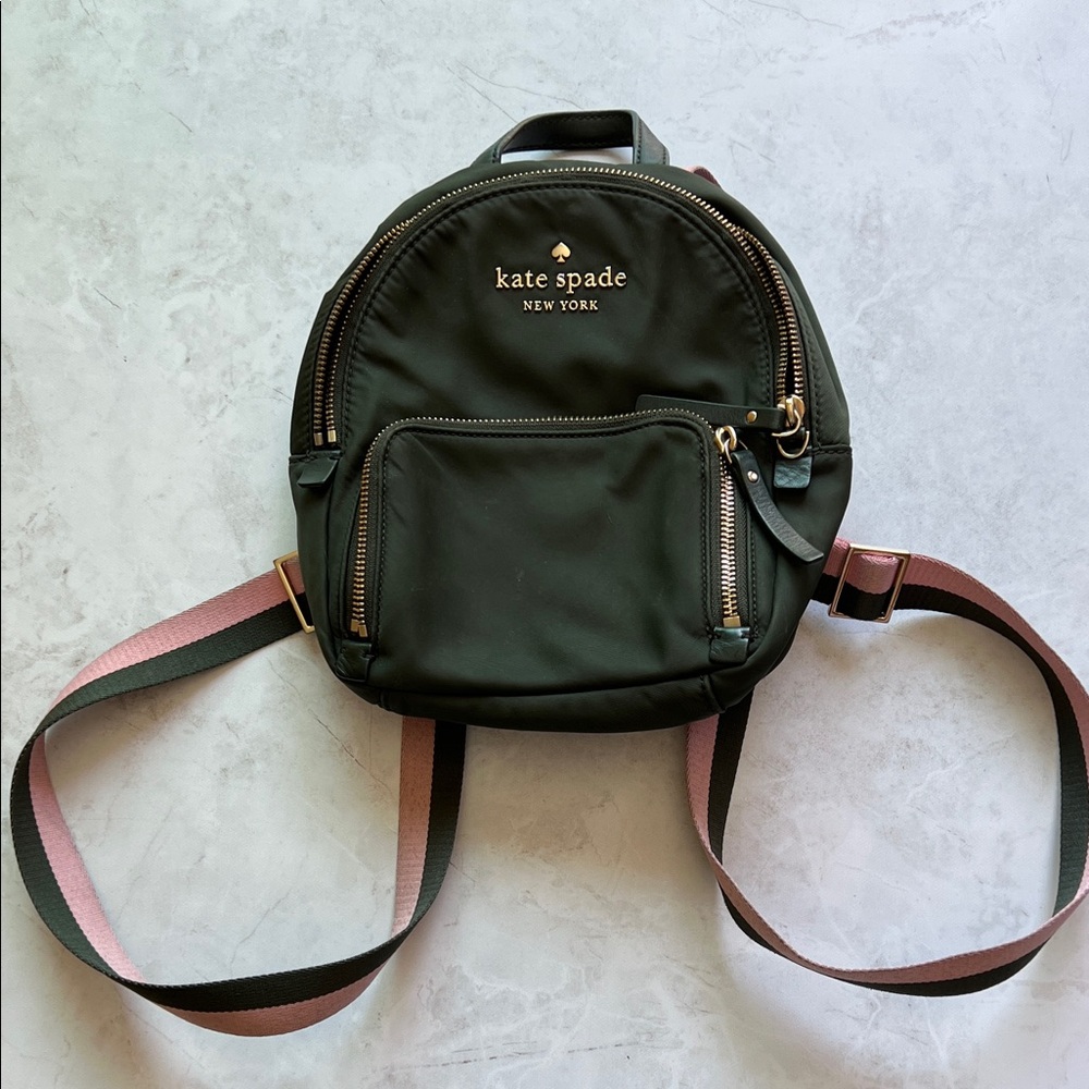 kate spade Olive Green Nylon Mini Backpack with Pink Accent Straps